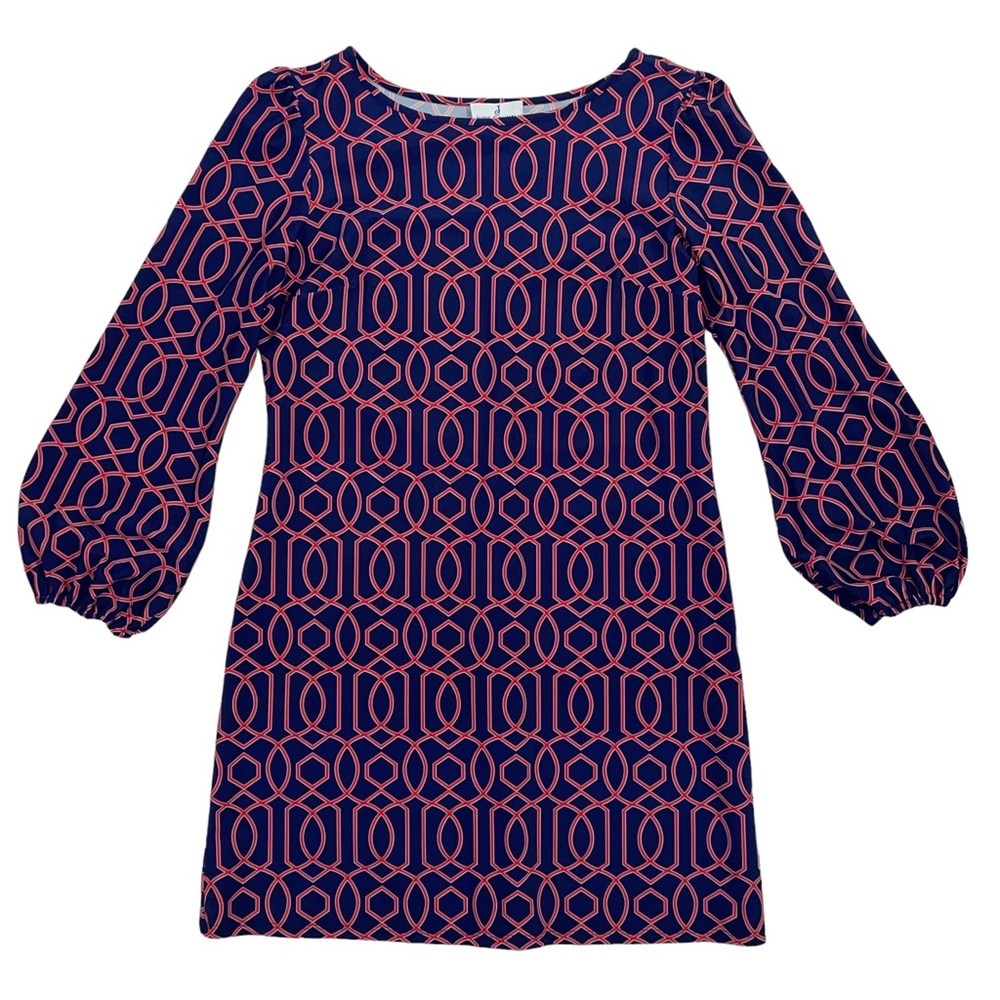 Jude Connally Gometric Print Dress Above Knee Bishop Sleeves Stretch Navy Red